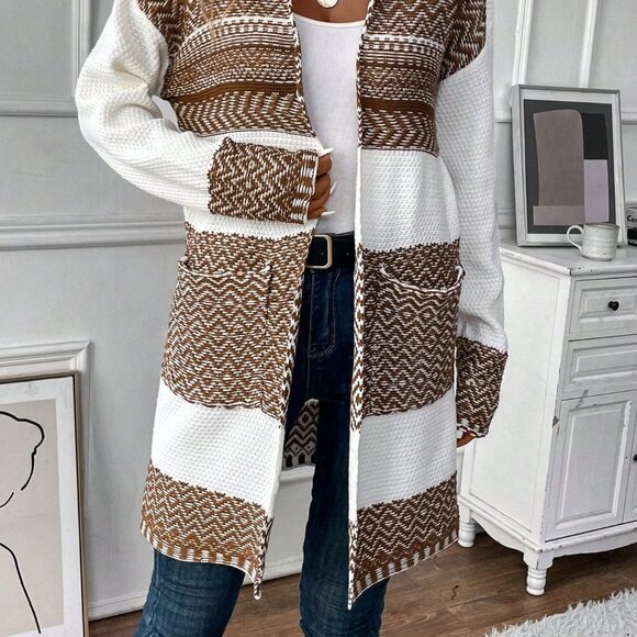 Multicolor Casual Womens Chevron Drop Shoulder Pocket Patched Duster Cardigan - Picture 4 of 5